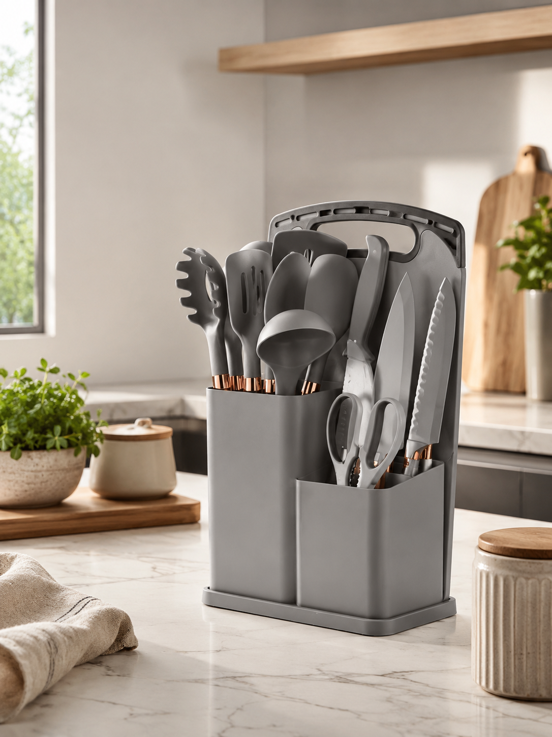 Set de utensillos de silicona 19 piezas, cocina moderna y organizada.