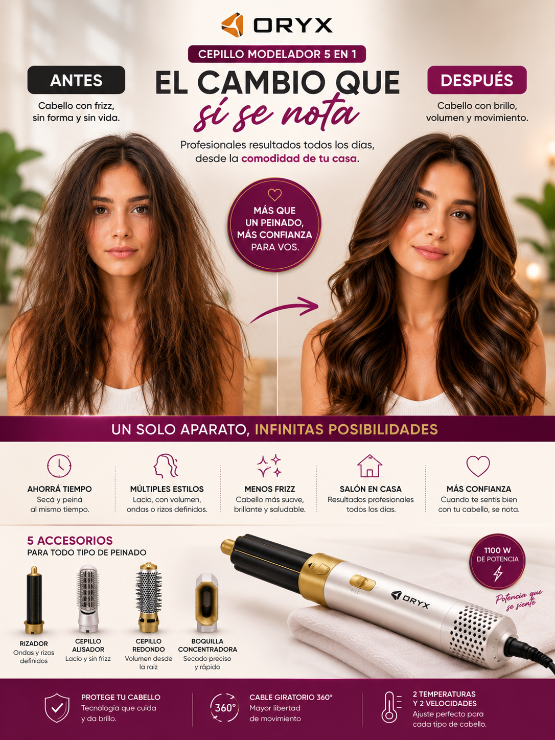 Cepillo moldeador 5 en 1, cada accesorio un estilo diferente.