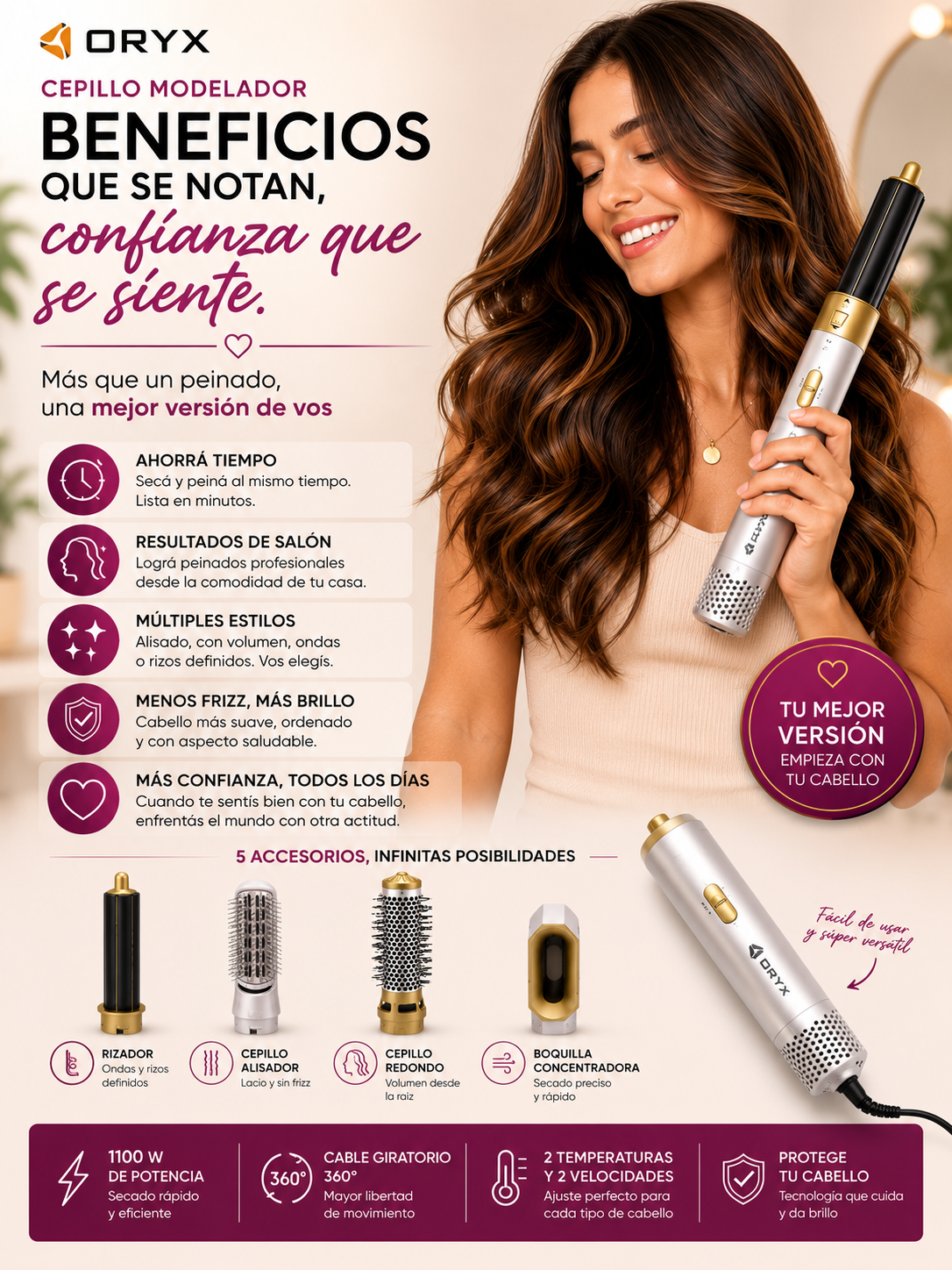 Cepillo moldeador 5 en 1, cada accesorio un estilo diferente.