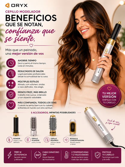 Cepillo moldeador 5 en 1, cada accesorio un estilo diferente.