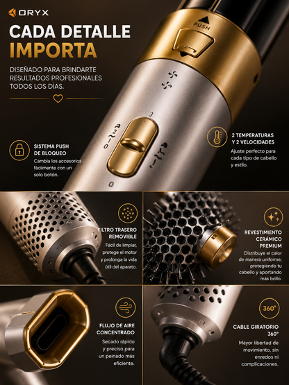 Cepillo moldeador 5 en 1, cada accesorio un estilo diferente.