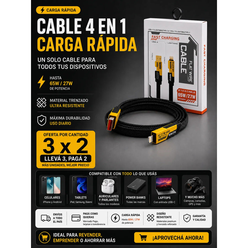 Ahorra Tiempo Y Dinero,3x2 Cable Carga Rápida 4 En 1 De 65w
