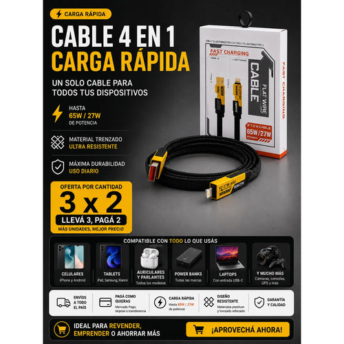 Ahorra Tiempo Y Dinero,3x2 Cable Carga Rápida 4 En 1 De 65w