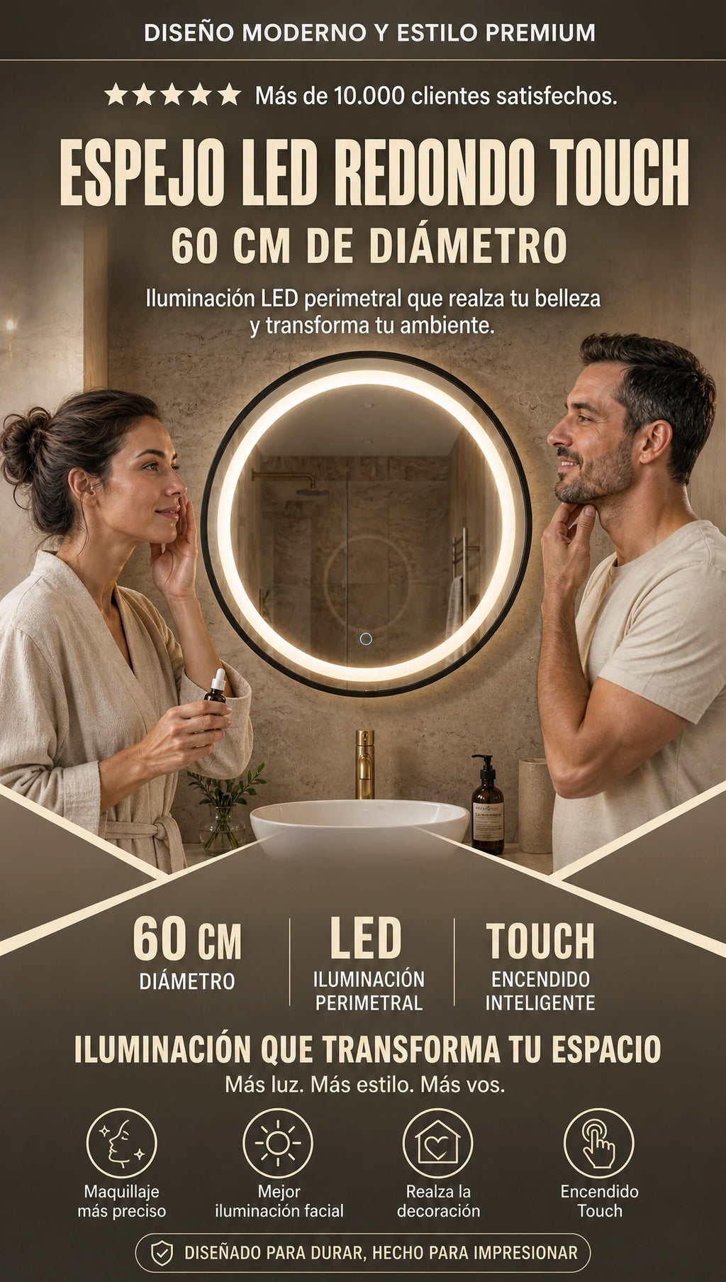 Espejo LED Redondo Touch  | Diseño y elegancia Premium Para Baño Y vestidor