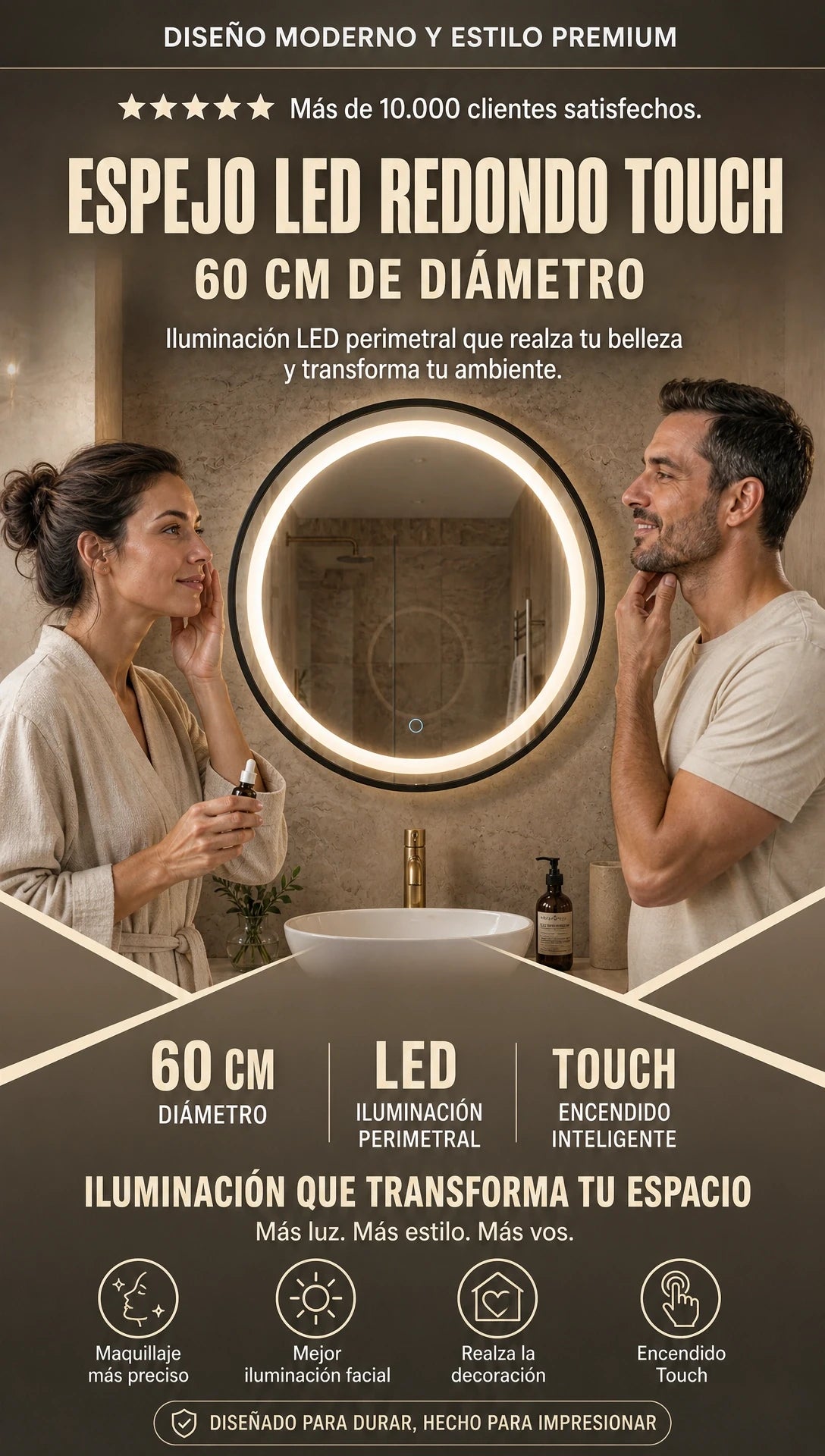Espejo LED Redondo Touch  | Diseño y elegancia Premium Para Baño Y vestidor