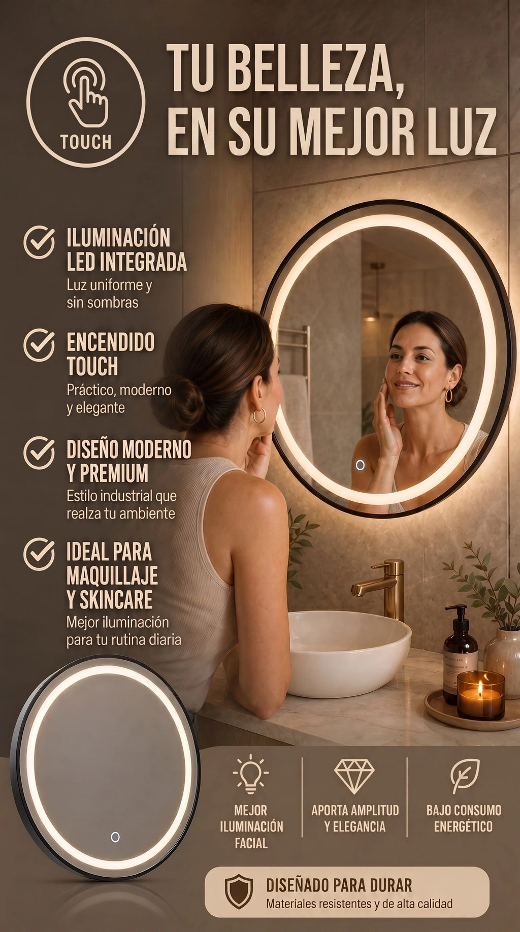 Espejo LED Redondo Touch  | Diseño y elegancia Premium Para Baño Y vestidor