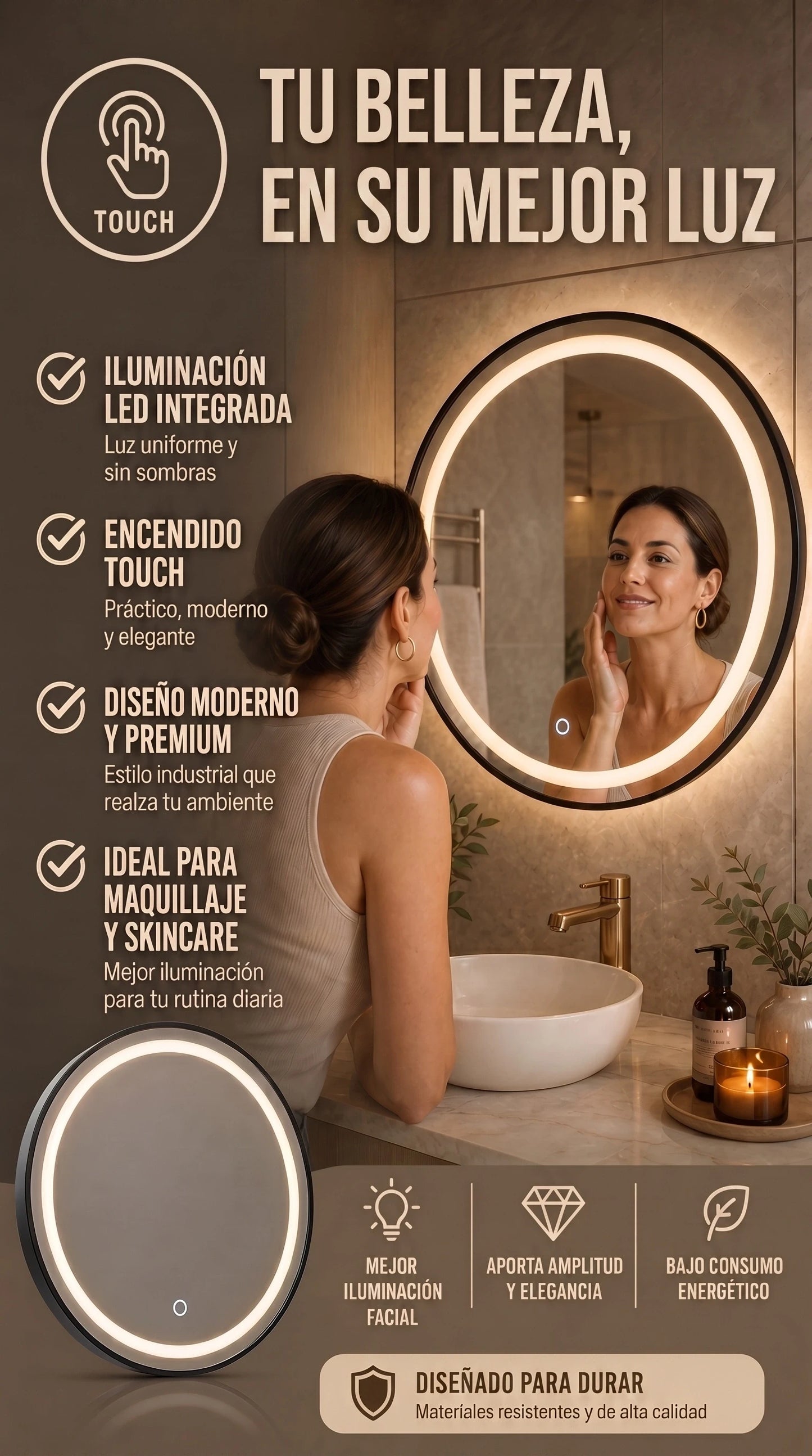 Espejo LED Redondo Touch  | Diseño y elegancia Premium Para Baño Y vestidor