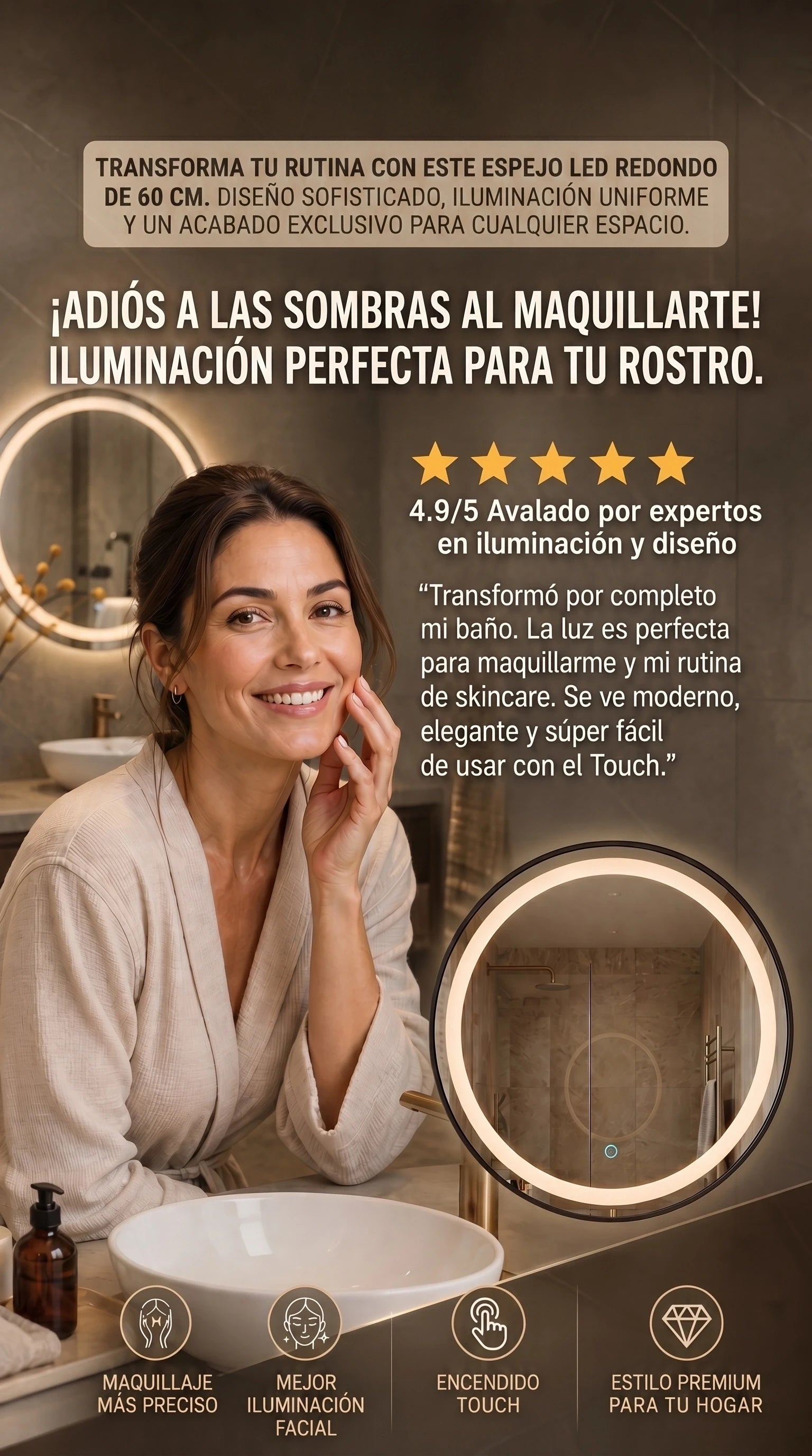 Espejo LED Redondo Touch  | Diseño y elegancia Premium Para Baño Y vestidor