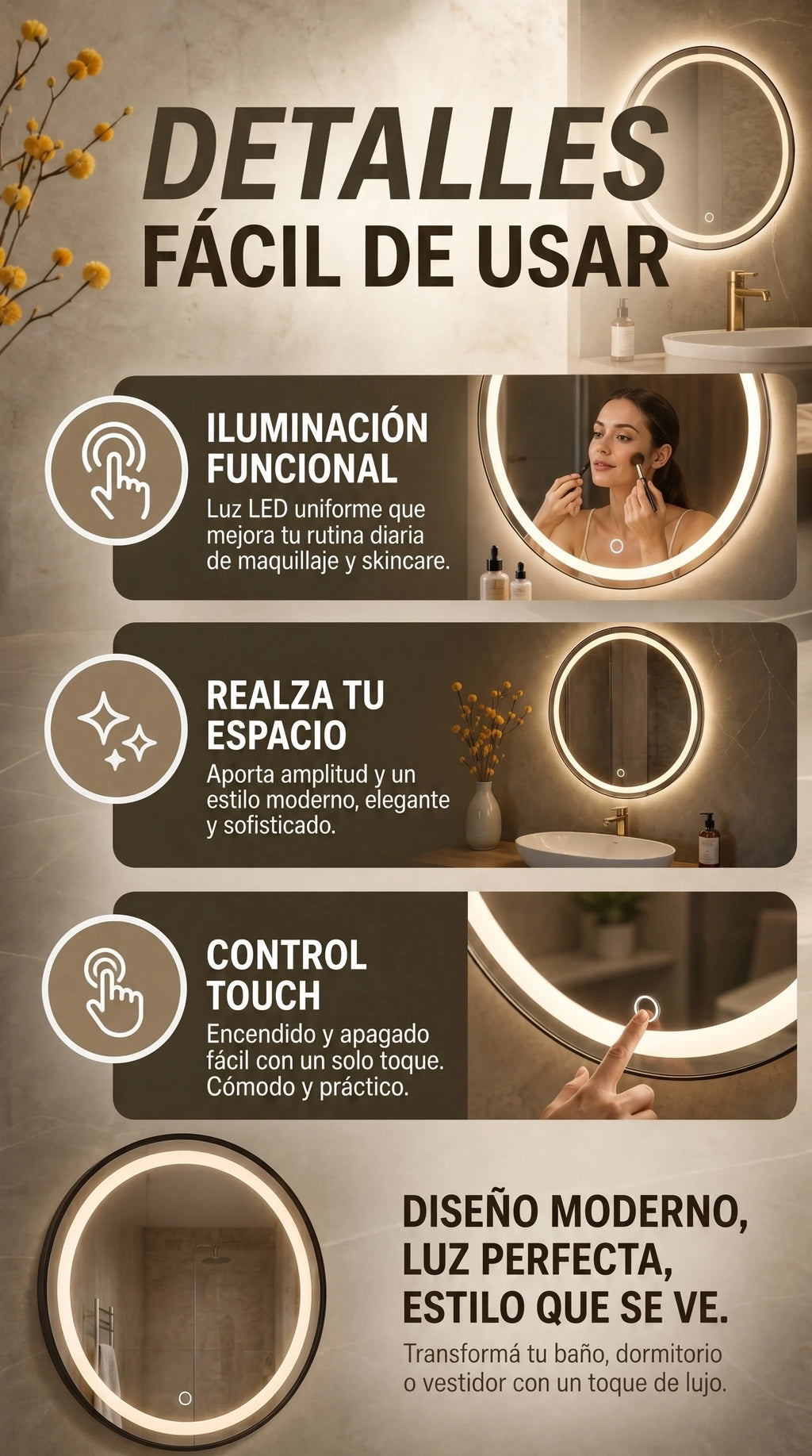 Espejo LED Redondo Touch  | Diseño y elegancia Premium Para Baño Y vestidor