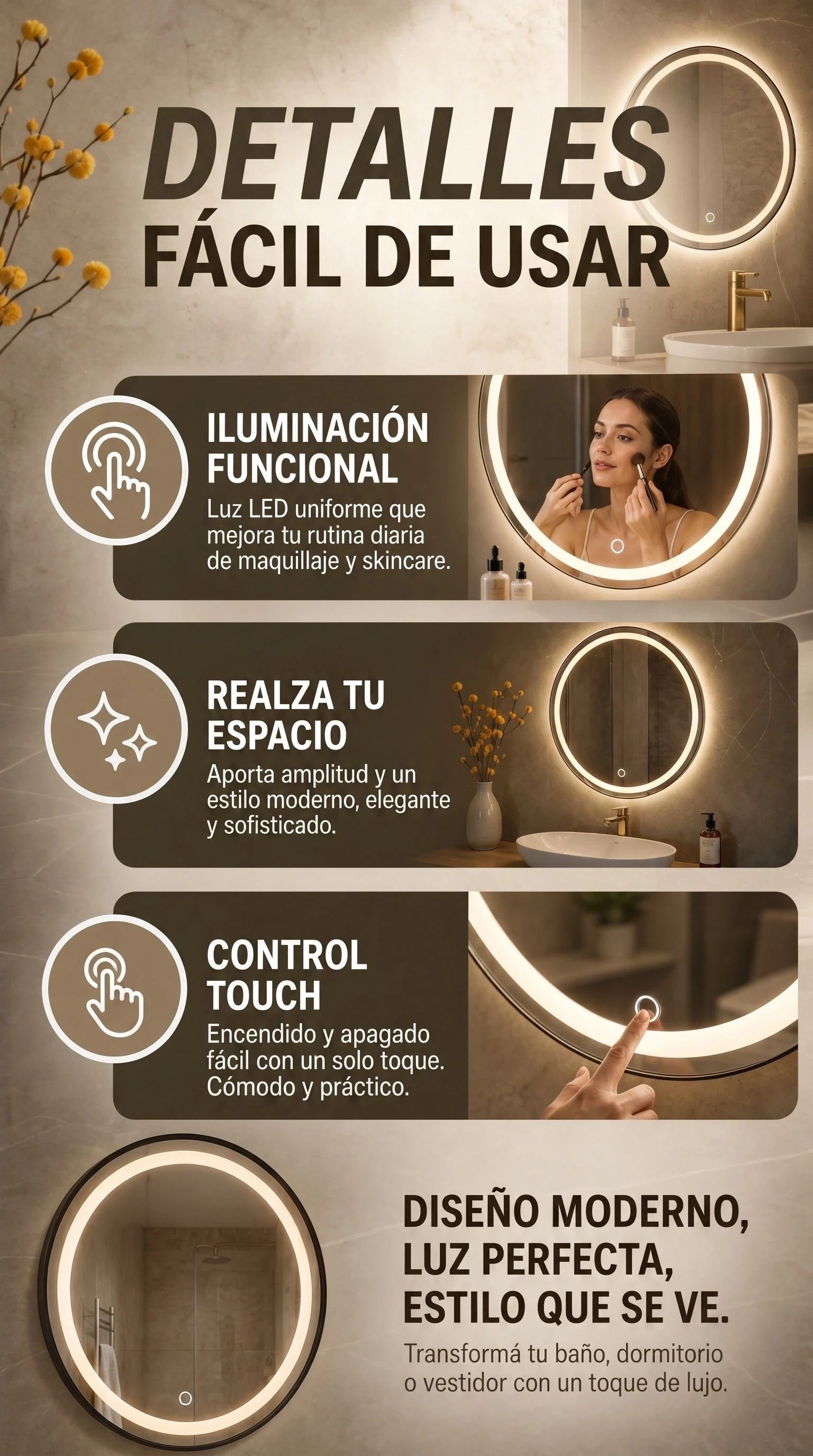 Espejo LED Redondo Touch  | Diseño y elegancia Premium Para Baño Y vestidor