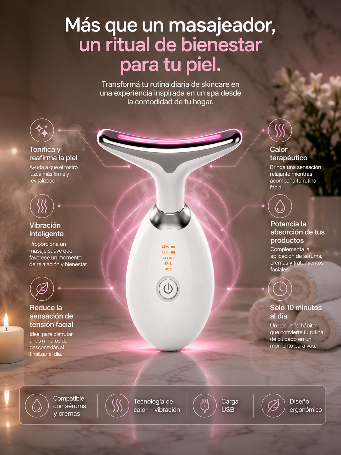Masajeador Facial 4 en 1, Luce una piel más firme y radiante desde casa.