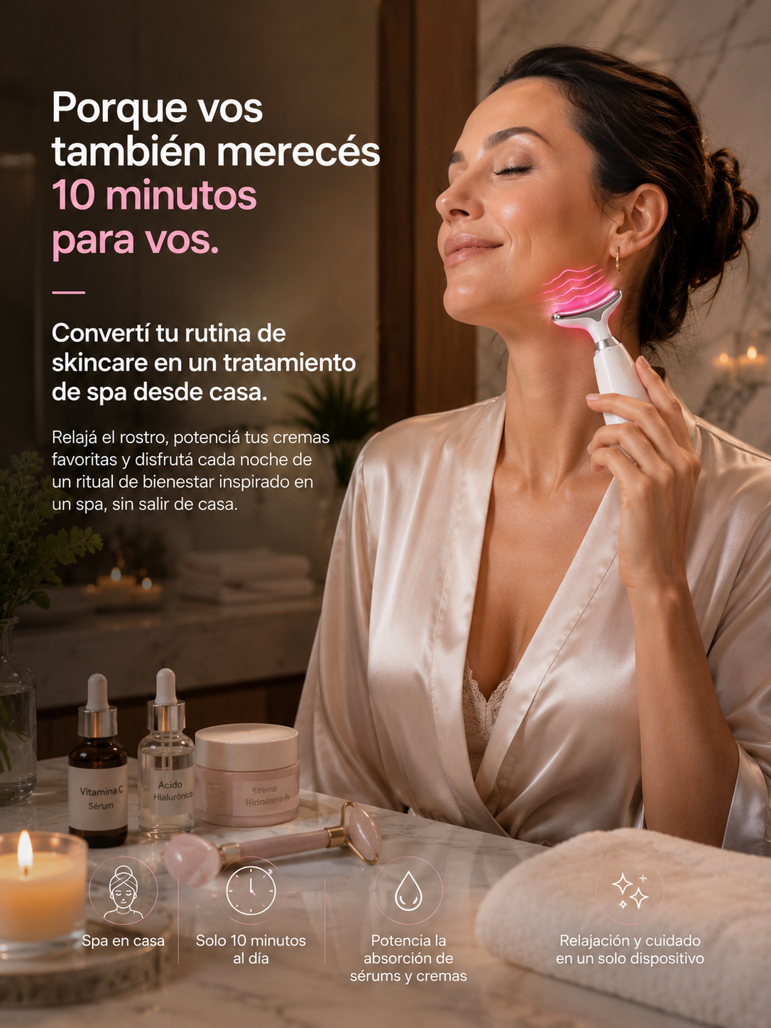 Masajeador Facial 4 en 1, Luce una piel más firme y radiante desde casa.