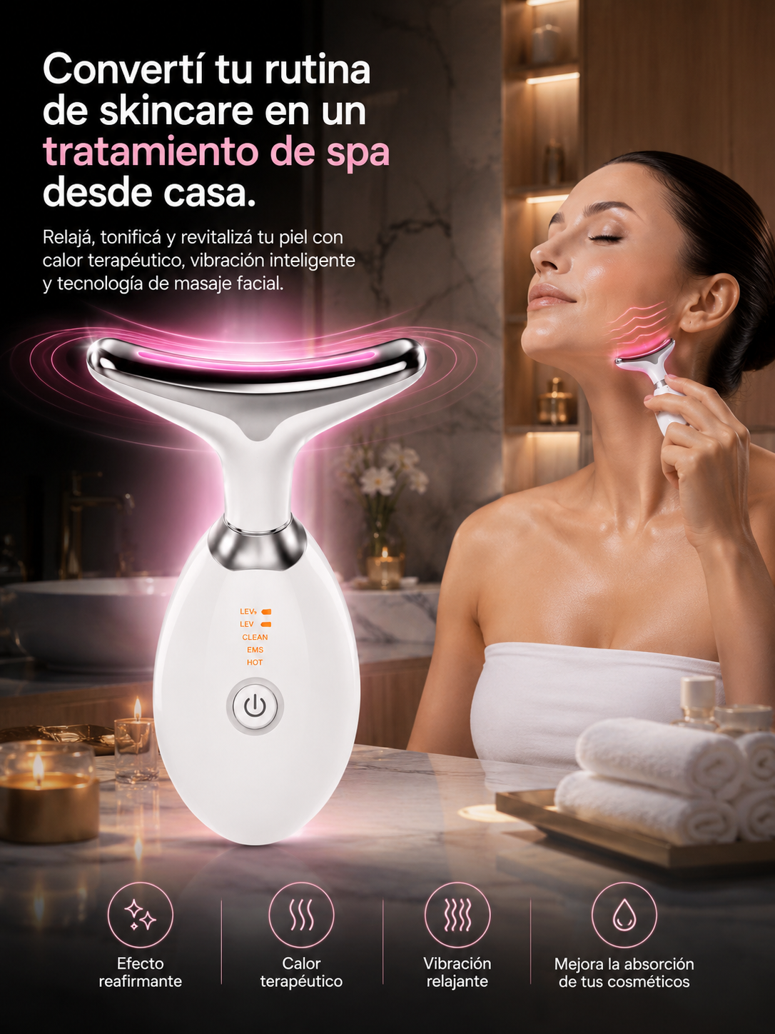 Masajeador Facial 4 en 1, Luce una piel más firme y radiante desde casa.