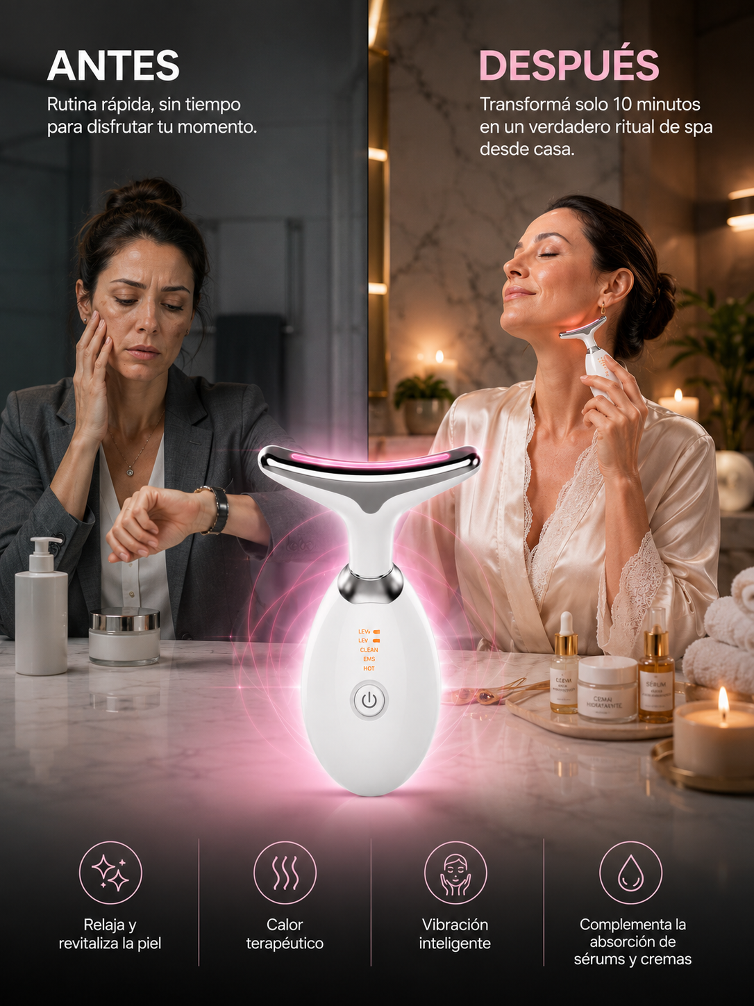 Masajeador Facial 4 en 1, Luce una piel más firme y radiante desde casa.