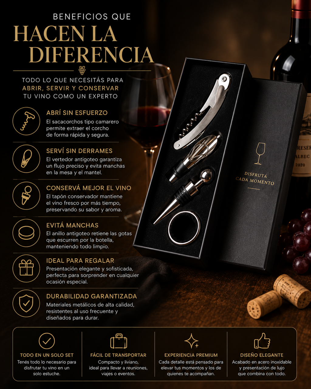 Set de accesorios para vino x 4 piezas