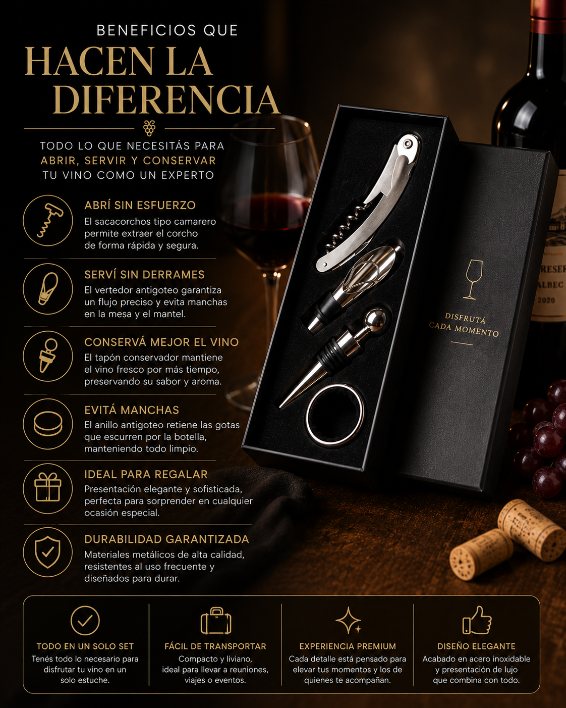 Set de accesorios para vino x 4 piezas