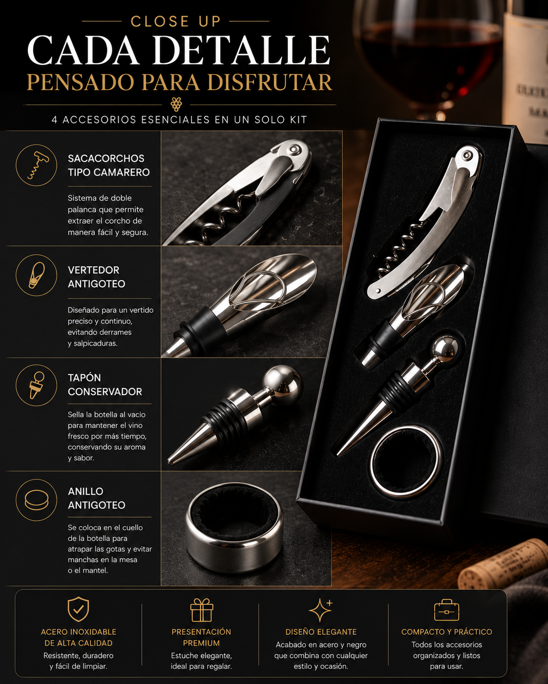 Set de accesorios para vino x 4 piezas