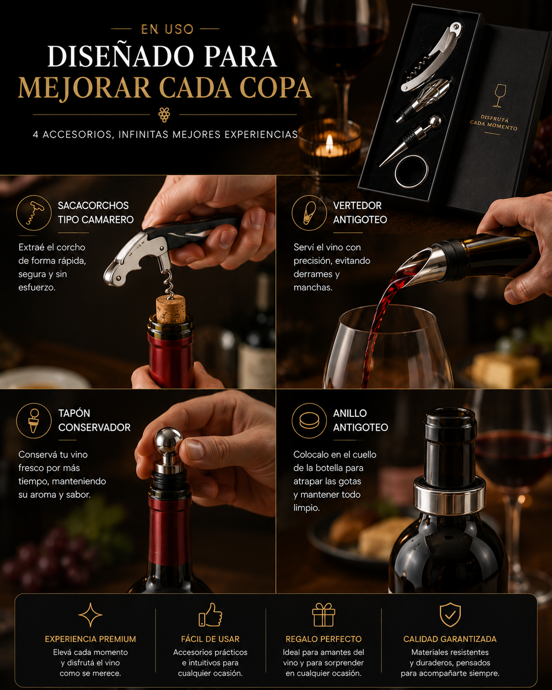 Set de accesorios para vino x 4 piezas