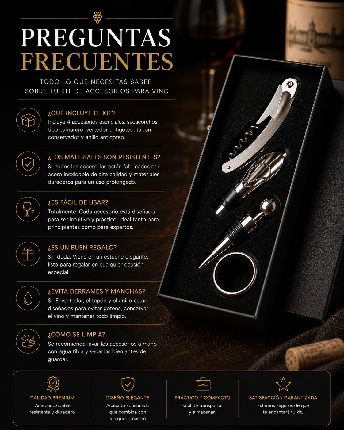 Set de accesorios para vino x 4 piezas