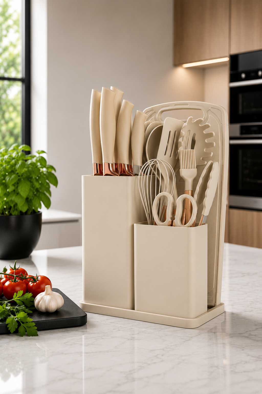 Set de utensillos de silicona 19 piezas, cocina moderna y organizada.