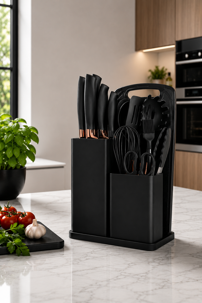 Set de utensillos de silicona 19 piezas, cocina moderna y organizada.