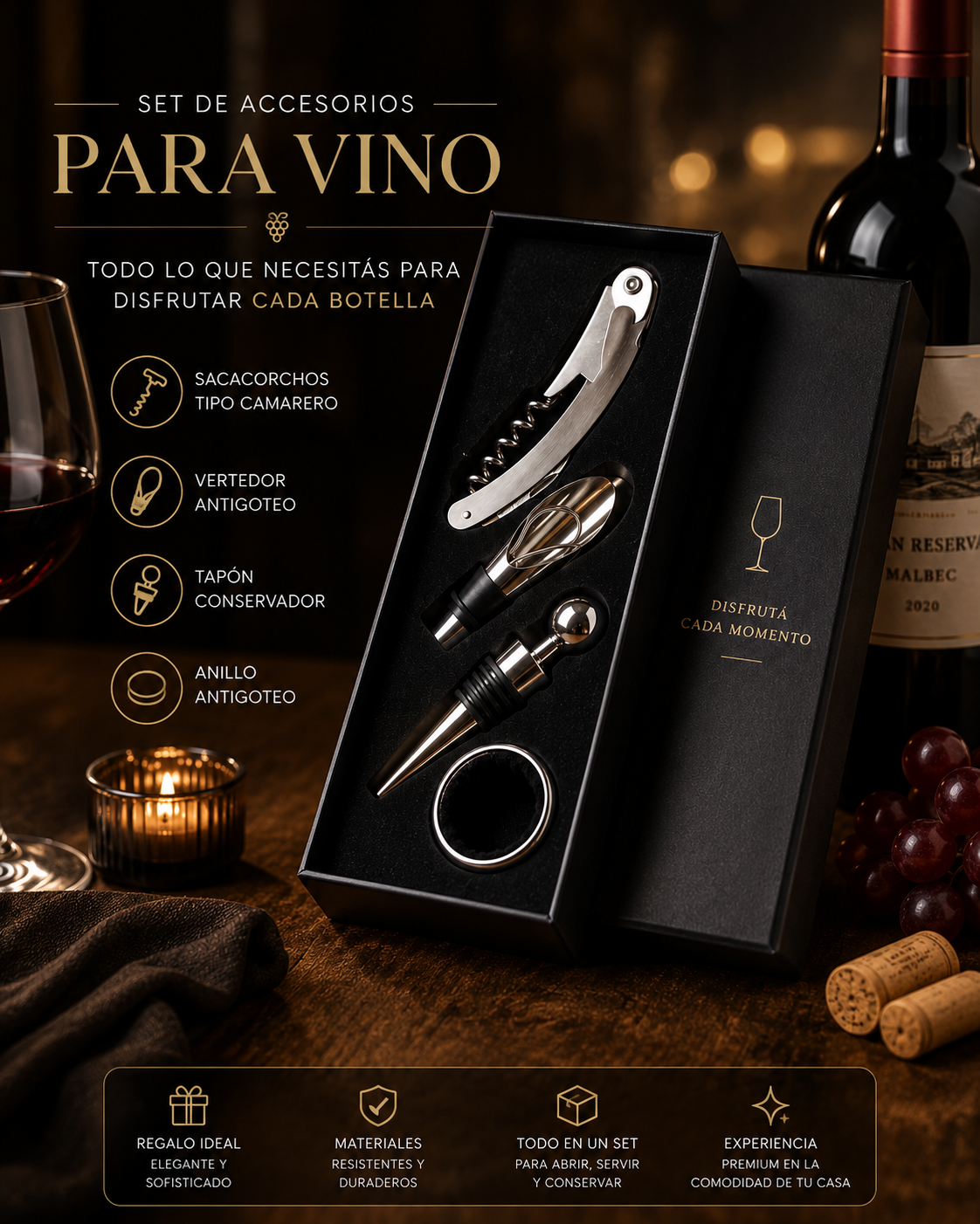 Set de accesorios para vino x 4 piezas