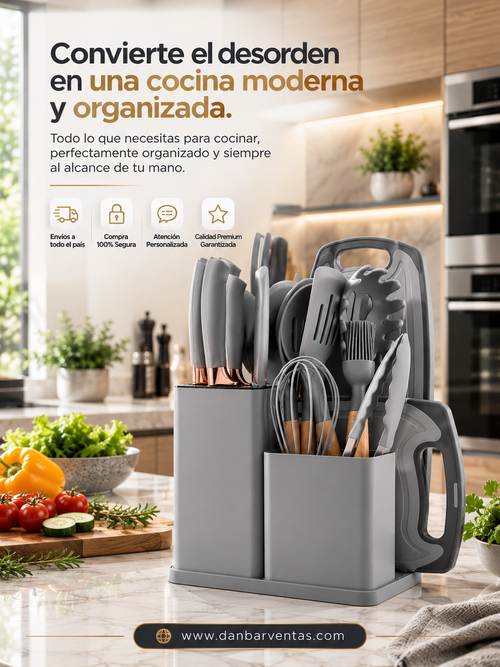 Set de utensillos de silicona 19 piezas, cocina moderna y organizada.