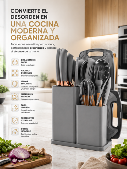Set de utensillos de silicona 19 piezas, cocina moderna y organizada.