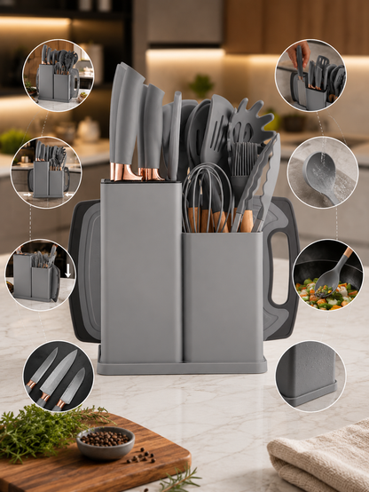 Set de utensillos de silicona 19 piezas, cocina moderna y organizada.