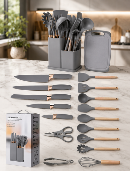 Set de utensillos de silicona 19 piezas, cocina moderna y organizada.