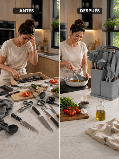 Set de utensillos de silicona 19 piezas, cocina moderna y organizada.