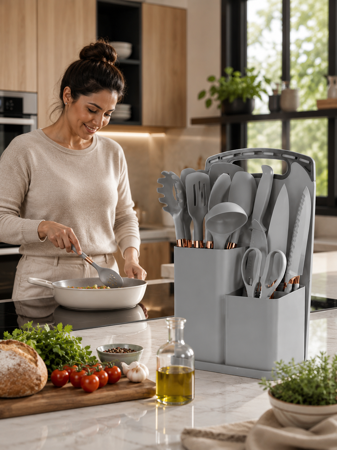 Set de utensillos de silicona 19 piezas, cocina moderna y organizada.