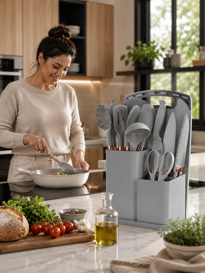 Set de utensillos de silicona 19 piezas, cocina moderna y organizada.