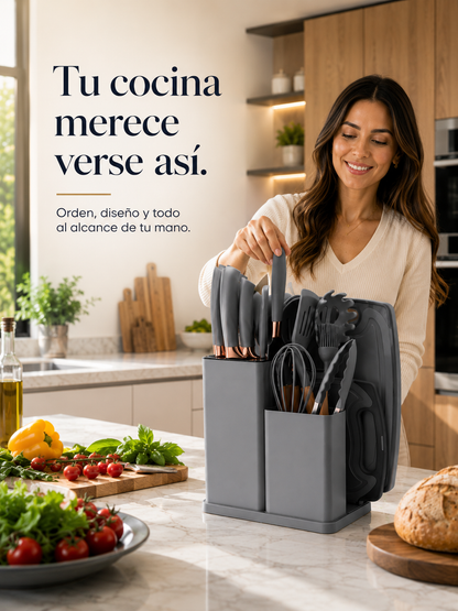 Set de utensillos de silicona 19 piezas, cocina moderna y organizada.