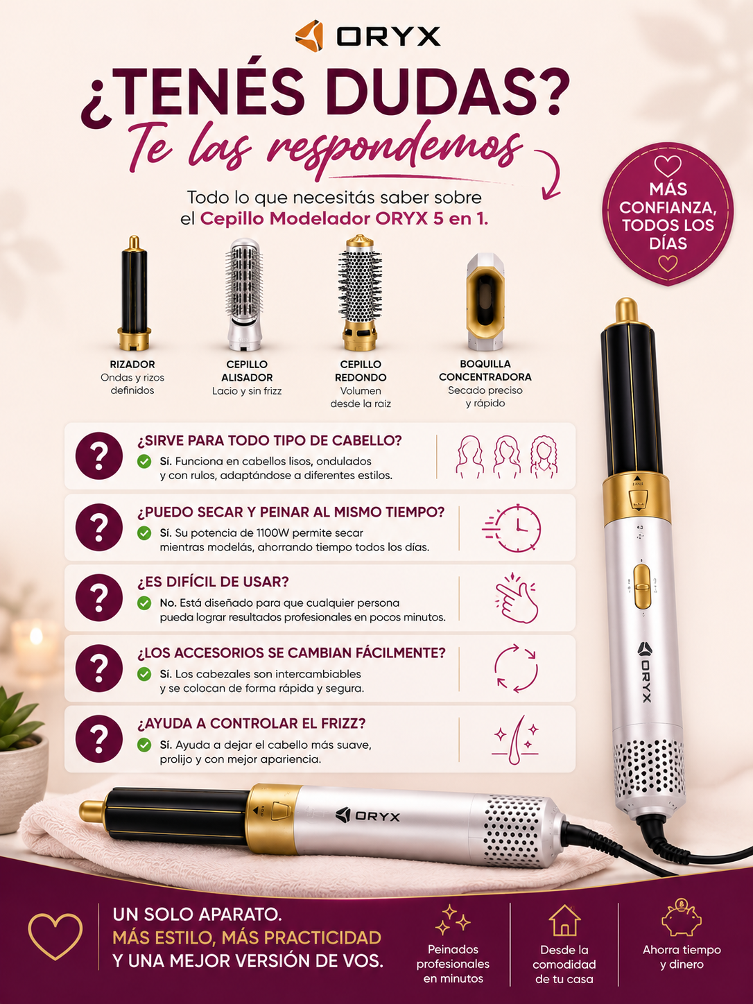 Cepillo moldeador 5 en 1, cada accesorio un estilo diferente.