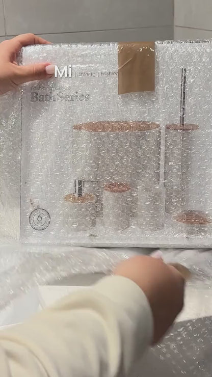 Set de Accesorios para Baño 6 Piezas | Diseño Moderno Gris con Detalles Símil Bambú