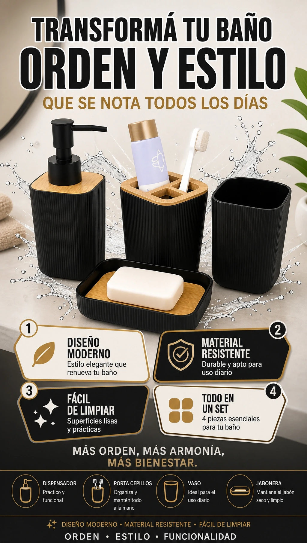 Set de accesorios de baño x 4 piezas