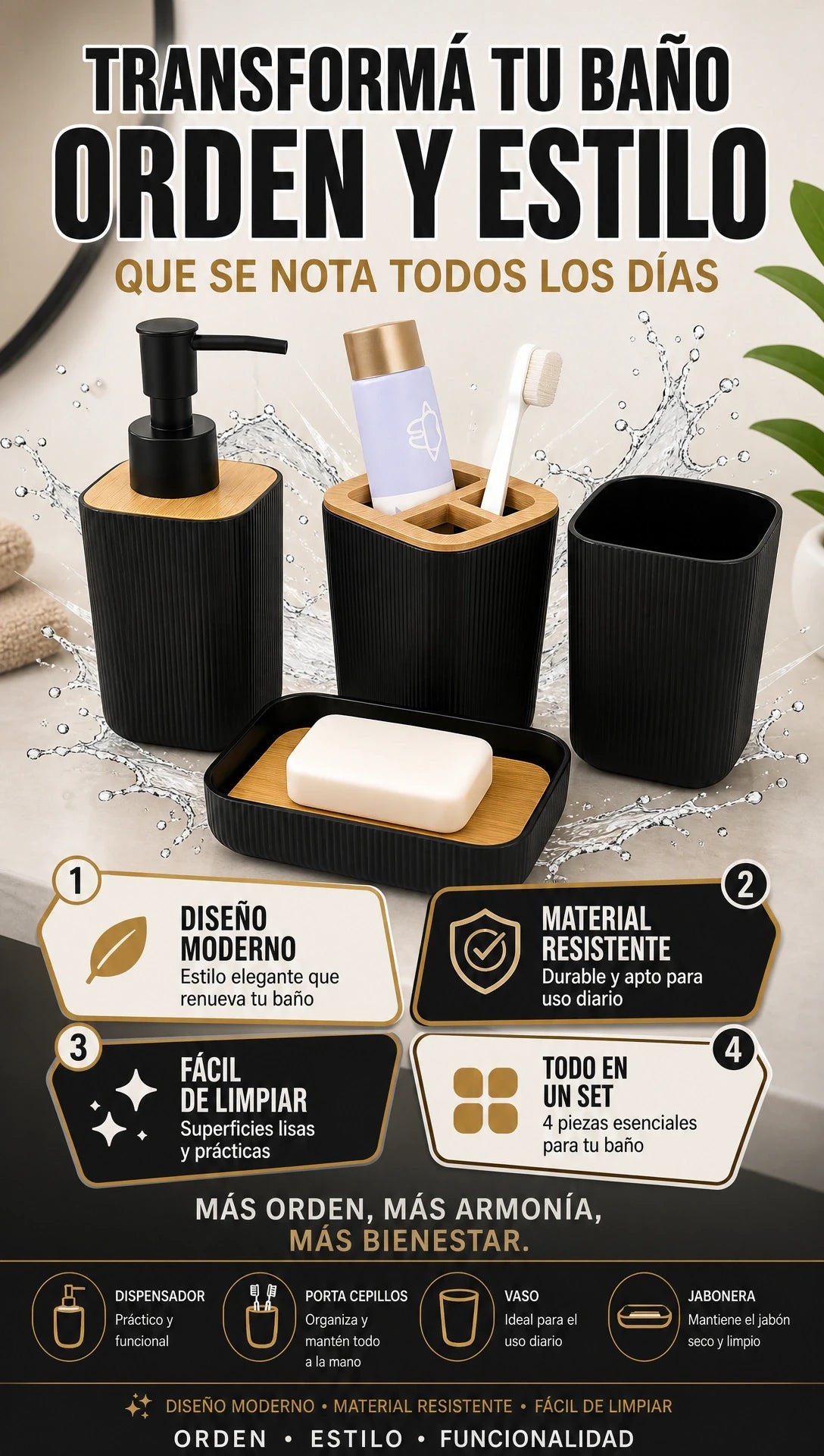 Set de accesorios de baño x 4 piezas