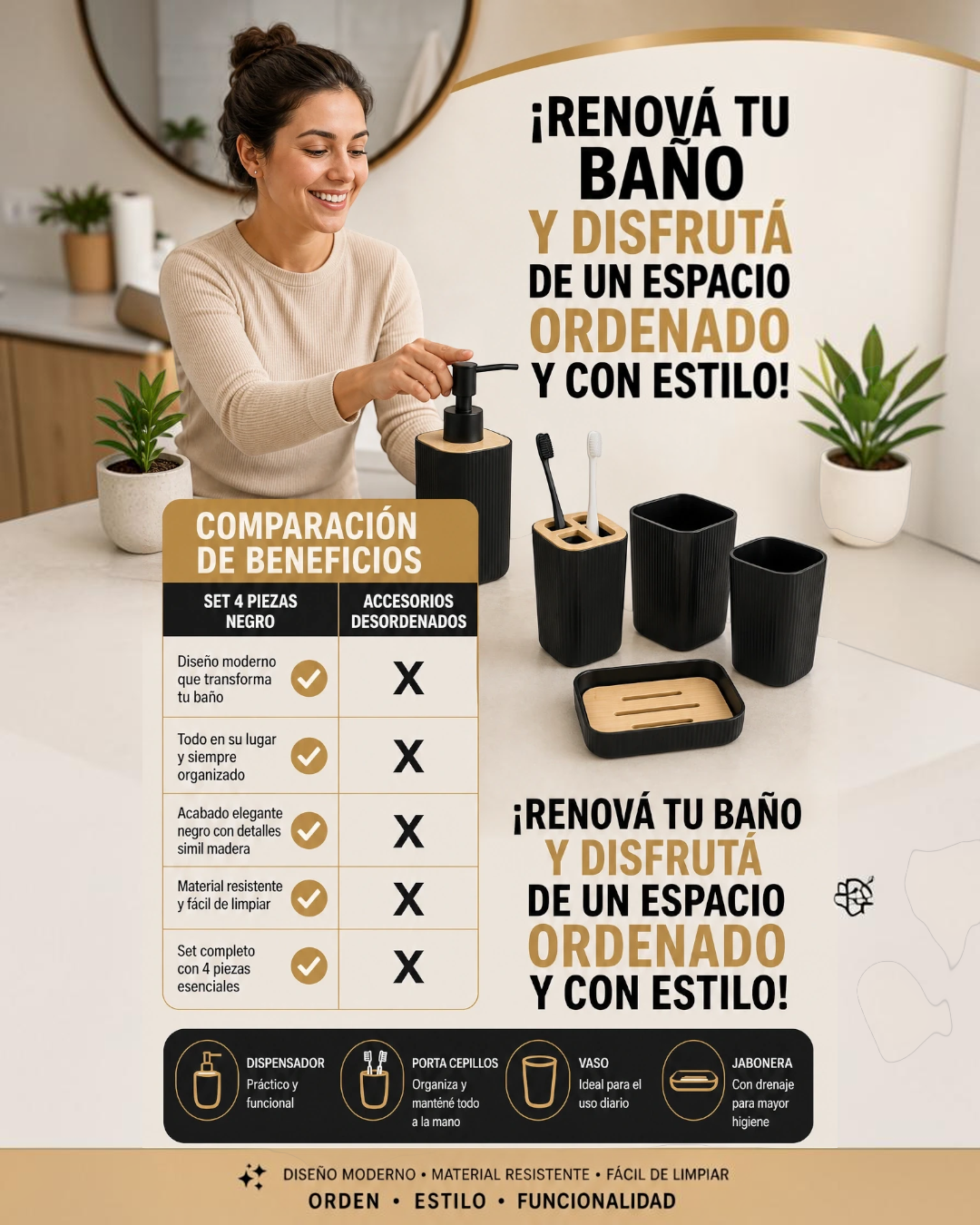Set de accesorios de baño x 4 piezas