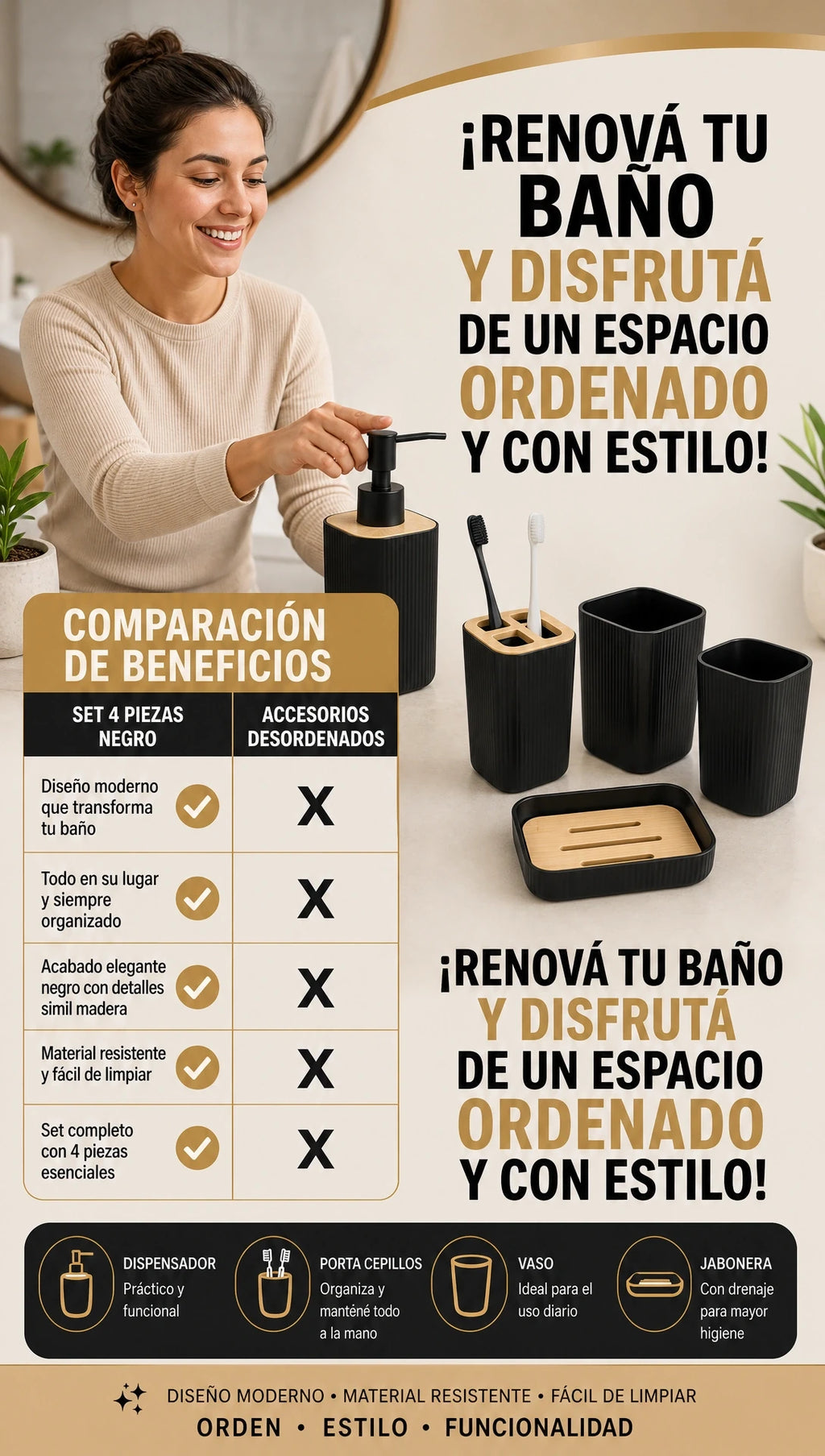 Set de accesorios de baño x 4 piezas