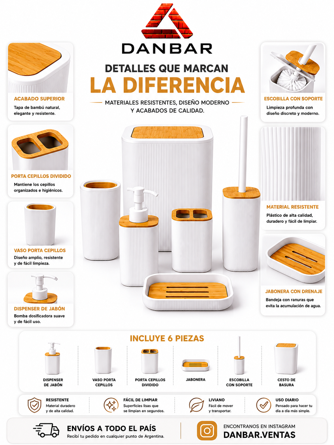 Bathroom Set - Set Baño 6 Piezas Blanco/bambú