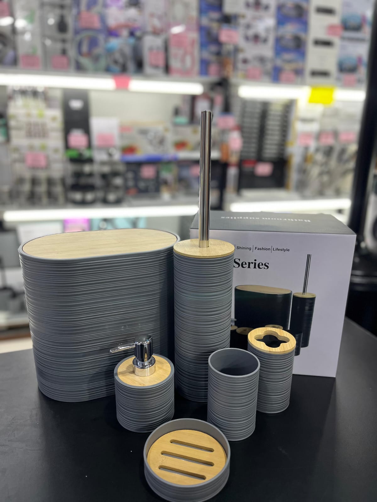 Set de accesorios para el baño x 6 piezas Gris/Bambu