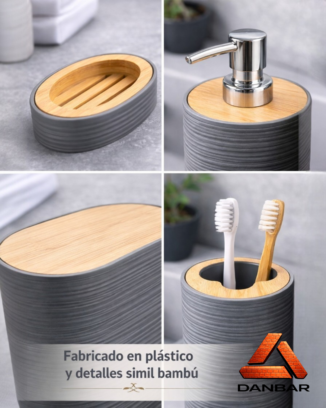Set de accesorios para el baño x 6 piezas Gris/Bambu