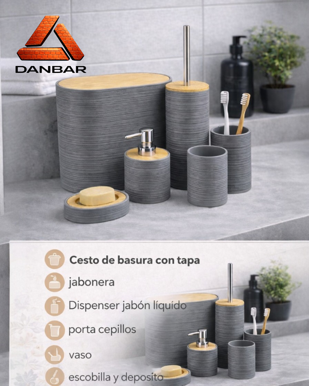 Set de accesorios para el baño x 6 piezas Gris/Bambu