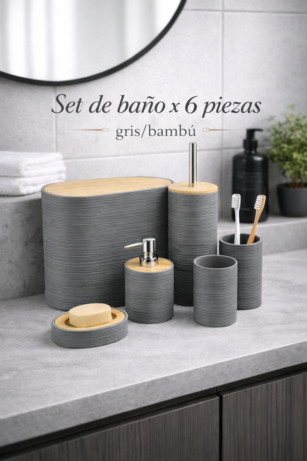 Set de accesorios para el baño x 6 piezas Gris/Bambu