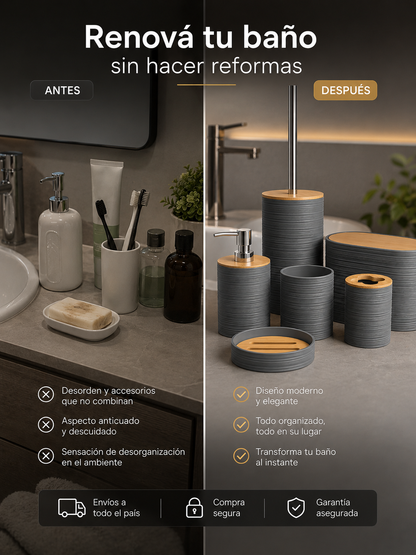 Set de Accesorios para Baño 6 Piezas | Diseño Moderno Gris con Detalles Símil Bambú