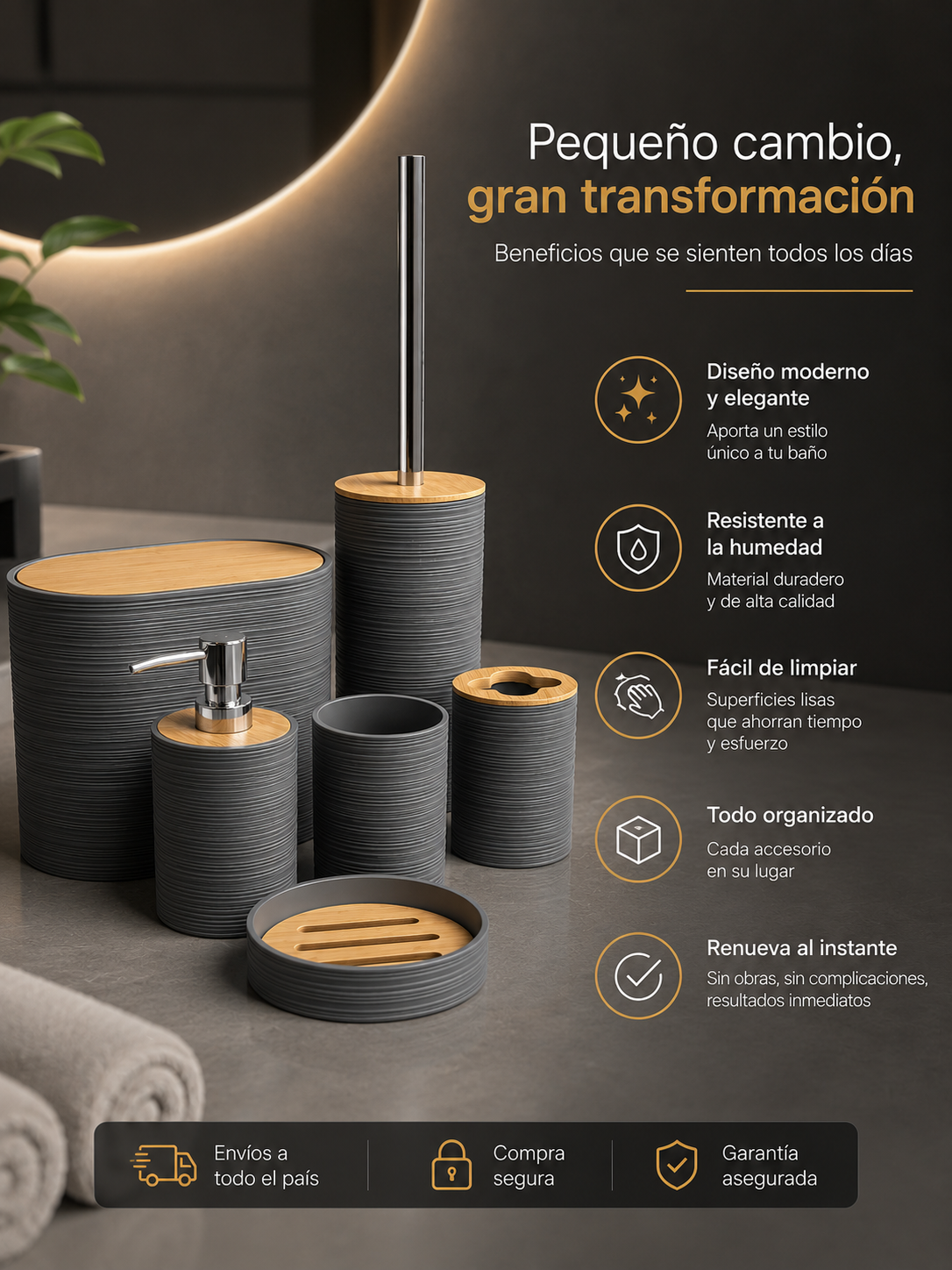 Set de Accesorios para Baño 6 Piezas | Diseño Moderno Gris con Detalles Símil Bambú