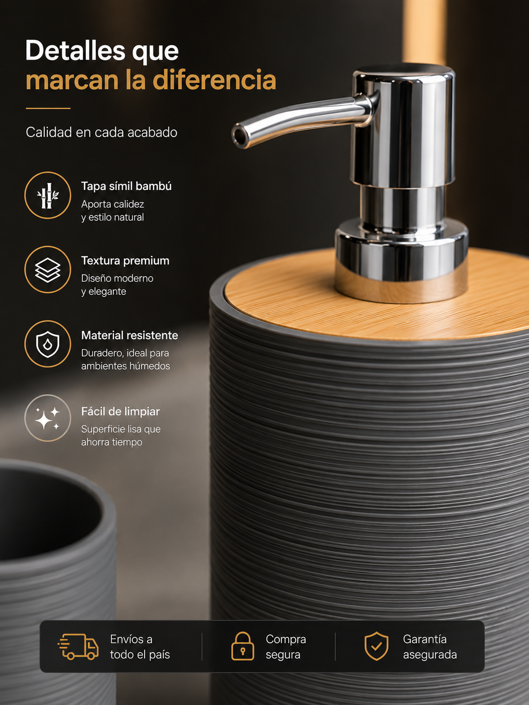 Set de Accesorios para Baño 6 Piezas | Diseño Moderno Gris con Detalles Símil Bambú