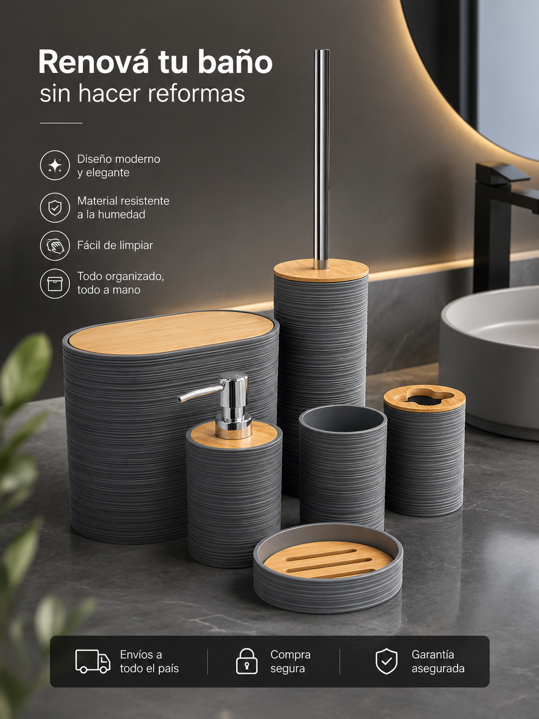 Set de Accesorios para Baño 6 Piezas | Diseño Moderno Gris con Detalles Símil Bambú