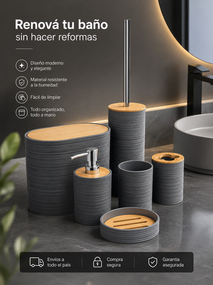 Set de Accesorios para Baño 6 Piezas | Diseño Moderno Gris con Detalles Símil Bambú